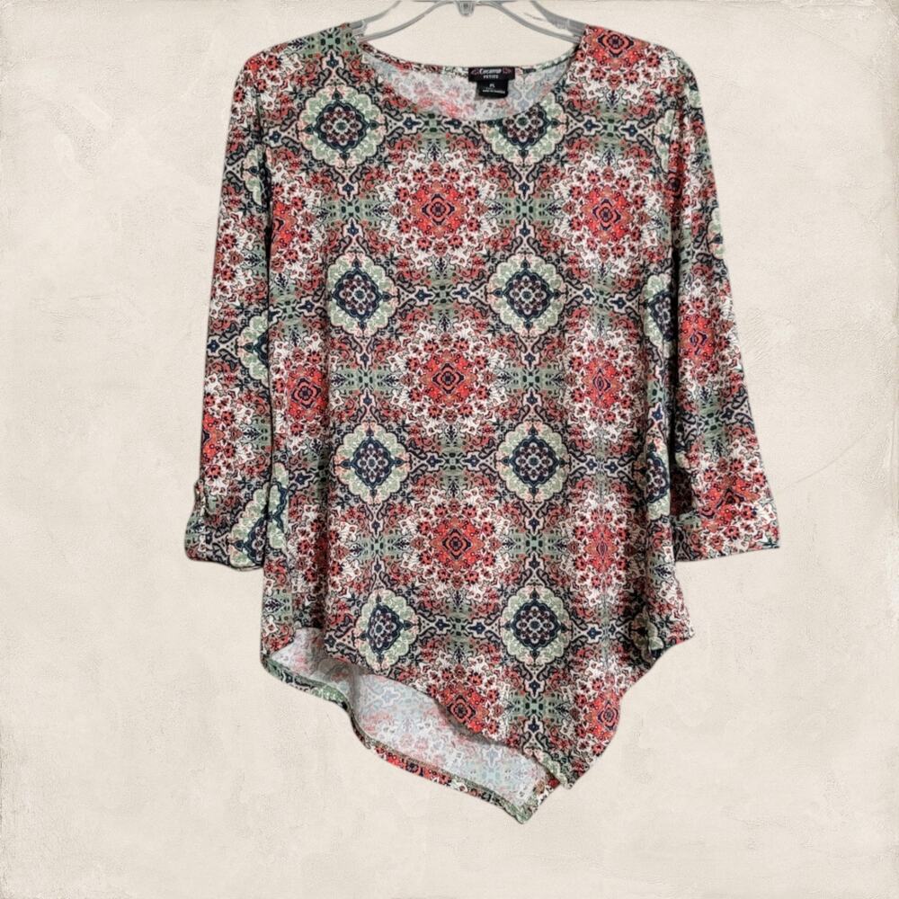 Y2K Cocomo Floral Print Asymmetrical Hem Quarter Sleeves Top Size Large Petite